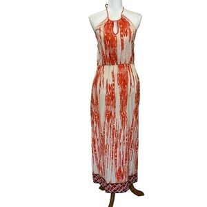Kas New York orange/cream halter batik maxidress, embroidered‎ hem, medium